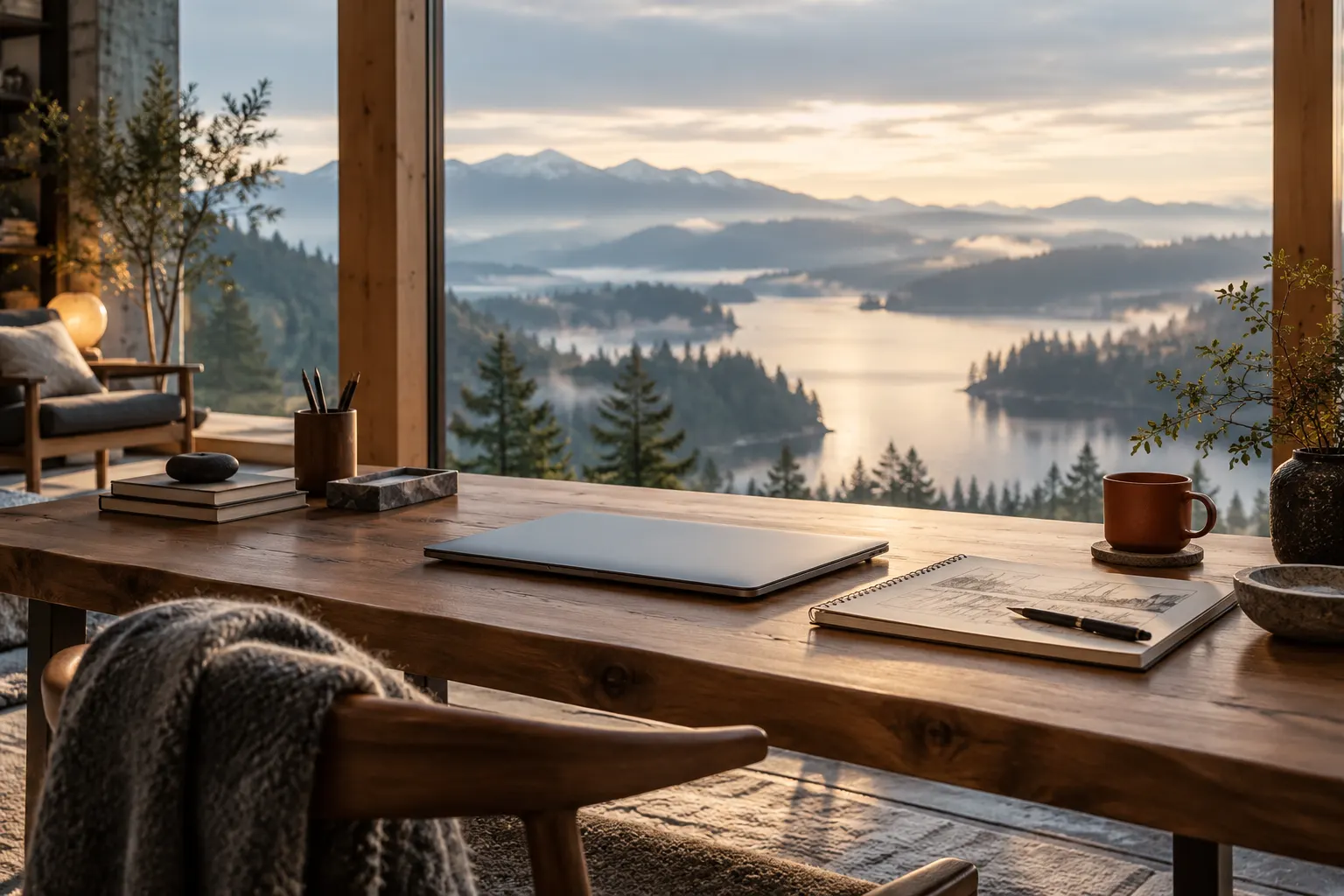 Illustrative quiet studio overlooking forest and water
